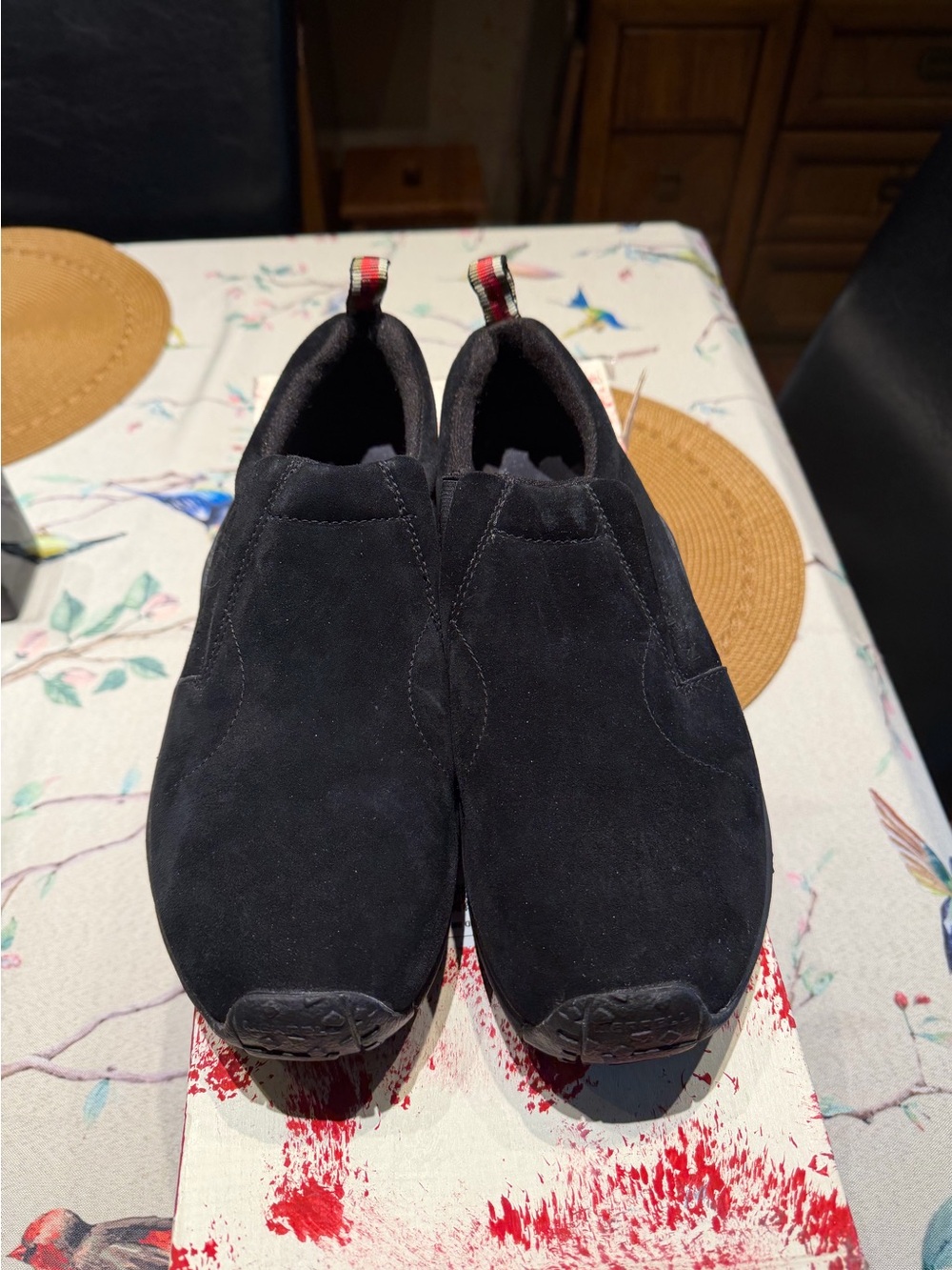 Merrell Black Suede Slip-On Casual Loafers with Red Pull Tabs